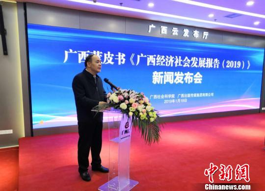 圖為廣西社會(huì)科學(xué)院院長(zhǎng)陳立生介紹《廣西經(jīng)濟(jì)社會(huì)發(fā)展報(bào)告(2019)》相關(guān)情況。　楊陳 攝