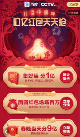 百度App登央視新聞聯播 春節期間要發10個億