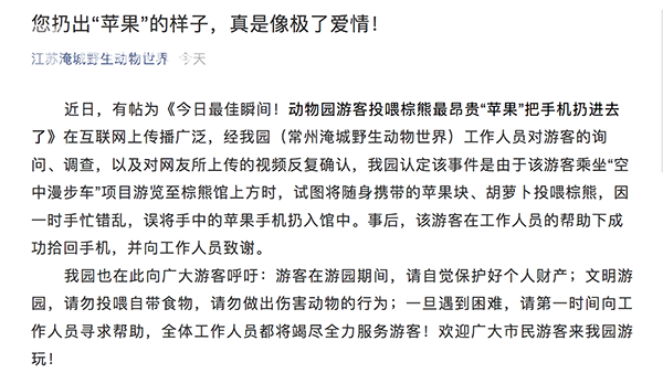 最貴投喂！游客誤將iPhone當蘋果投喂棕熊，熊沒吃